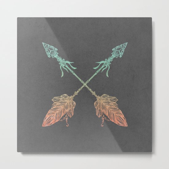 Tribal Arrows Turquoise Coral Gradient on Gray Metal Print