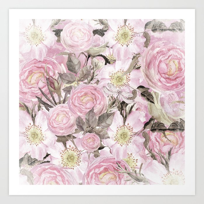 Floral Vintage painterly background in pink with Roses Flowers and insect Art Print