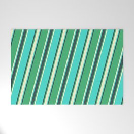 [ Thumbnail: Sea Green, Light Yellow, Turquoise, and Dark Slate Gray Colored Striped Pattern Welcome Mat ]