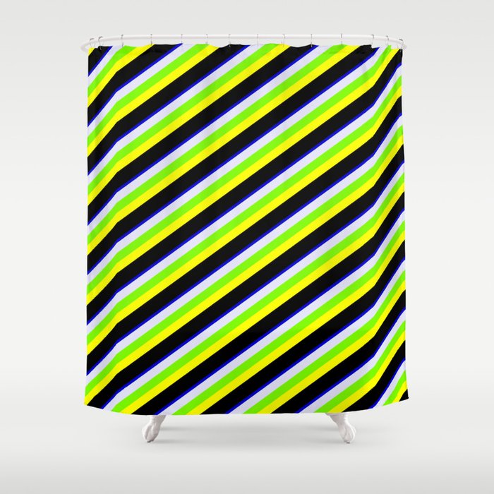 Colorful Blue, Lavender, Green, Yellow, and Black Colored Stripes Pattern Shower Curtain