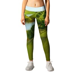 American River Valley, Orchard, Homestead, and River landscape painting by Grant Wood Leggings | Southdakota, Vermont, Connecticut, Heartland, Hudsonriver, Farmland, Greatplains, Oldwest, Orchards, Vineyards 
