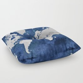 Dark blue watercolor and grey world map Floor Pillow