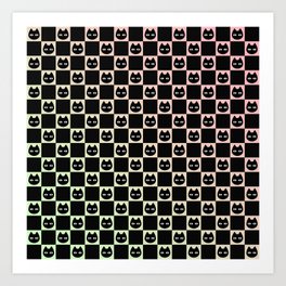 Medium Cat Face Checkerboard - Gradient Pink to Green Art Print | Retro, Check, Squares, Trippy, Witch, Color Pop, 90S, Checkered, Wiccan, Checked 