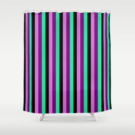 [ Thumbnail: Orchid, Purple, Green, and Black Colored Lined/Striped Pattern Shower Curtain ]