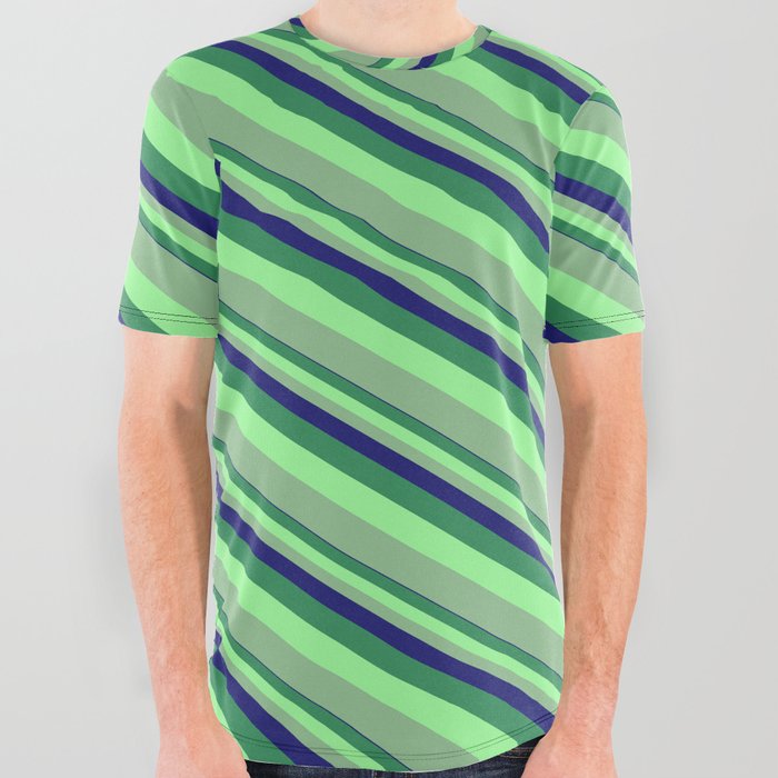 Midnight Blue, Sea Green, Green & Dark Sea Green Colored Stripes Pattern All Over Graphic Tee