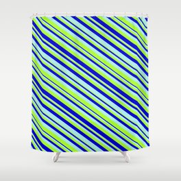[ Thumbnail: Turquoise, Light Green, and Blue Colored Stripes Pattern Shower Curtain ]
