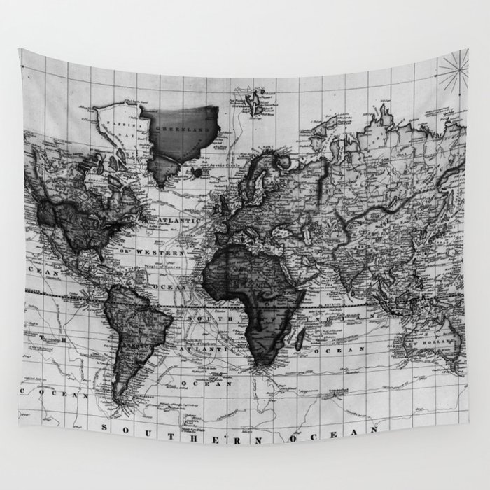 Vintage Map of The World 1833 White Black Wall Tapestry