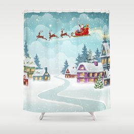 Santa and Reindeer on Christmas Background. Winter Christmas scene with snow covered houses and pine forest. Holiday vintage Background Shower Curtain