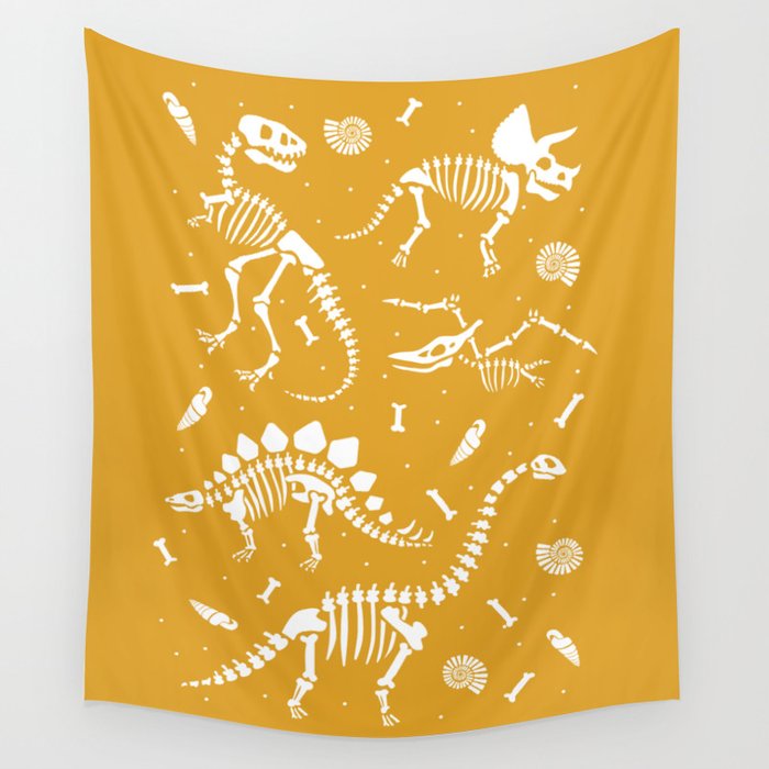 Dinosaur Fossils on Mustard Yellow Wall Tapestry