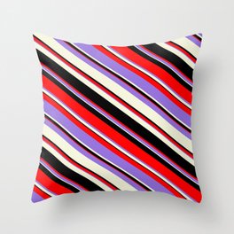 [ Thumbnail: Red, Purple, Beige & Black Colored Pattern of Stripes Throw Pillow ]