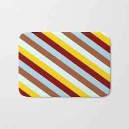 [ Thumbnail: Yellow, Maroon, Light Blue, Sienna, and Light Cyan Colored Striped/Lined Pattern Bath Mat ]
