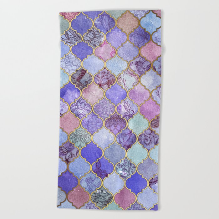 Royal Purple, Mauve & Indigo Decorative Moroccan Tile Pattern Beach Towel