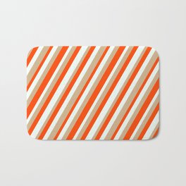 [ Thumbnail: Red, Mint Cream, and Tan Colored Lines Pattern Bath Mat ]