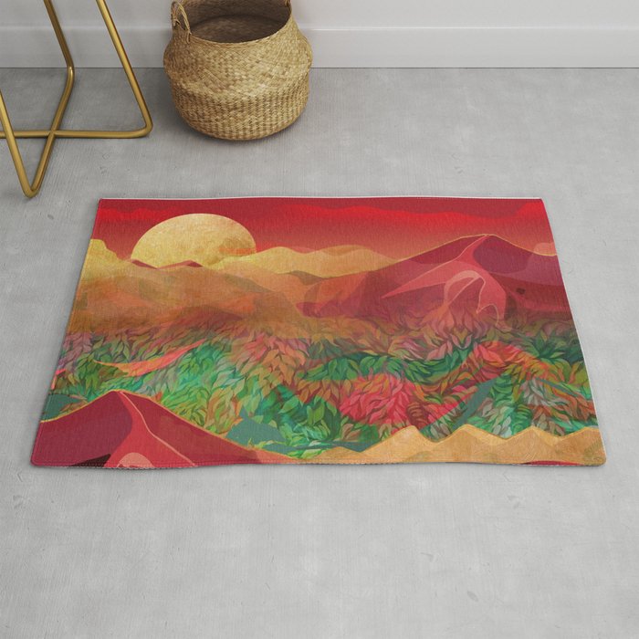 Tropical Golden Sunset Over Fantasy Pink Forest Rug By Marcanton