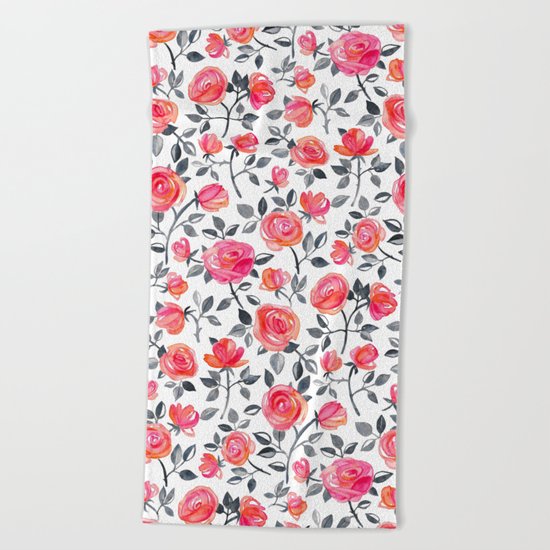 Roses on White - a watercolor floral pattern Beach Towel