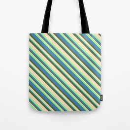 [ Thumbnail: Green, Blue, Dark Olive Green, and Bisque Colored Striped/Lined Pattern Tote Bag ]