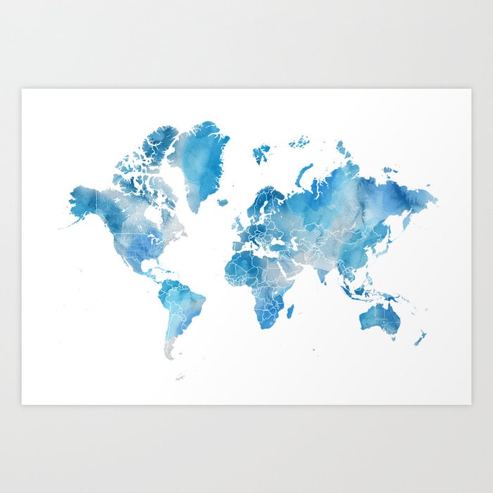 Grey And Blue Watercolor World Map With Outlined Countries