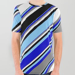 [ Thumbnail: Light Sky Blue, Blue, Gray, White, and Black Colored Striped Pattern All Over Graphic Tee ]