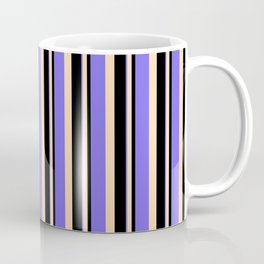 [ Thumbnail: Black, Tan, and Medium Slate Blue Colored Stripes/Lines Pattern Coffee Mug ]