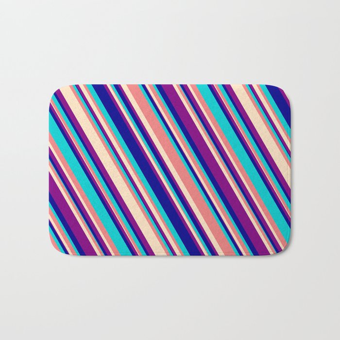 Light Coral, Bisque, Purple, Dark Blue, and Dark Turquoise Colored Lined/Striped Pattern Bath Mat