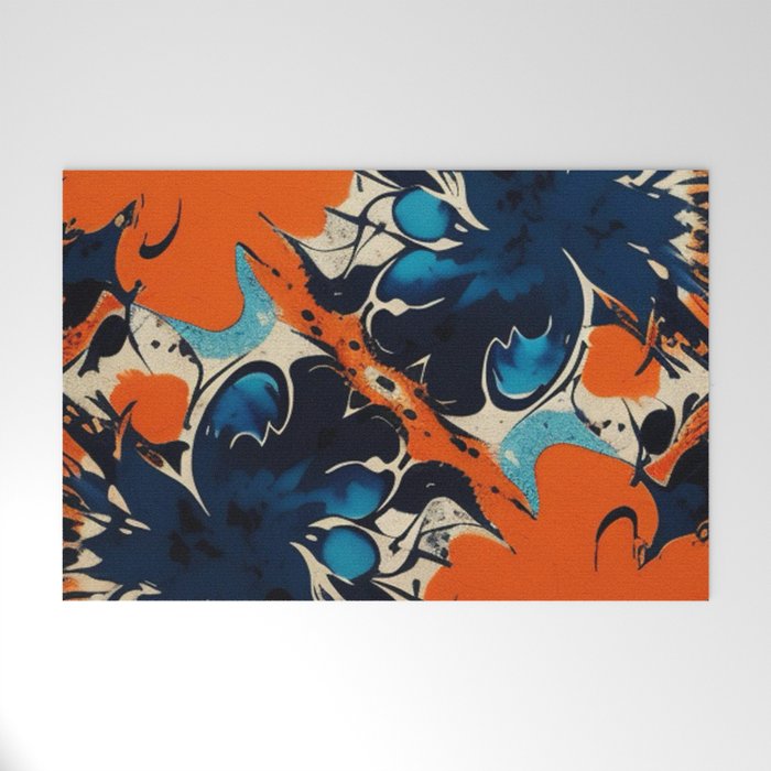 Orange and Blue Spring Floral Abstract Welcome Mat