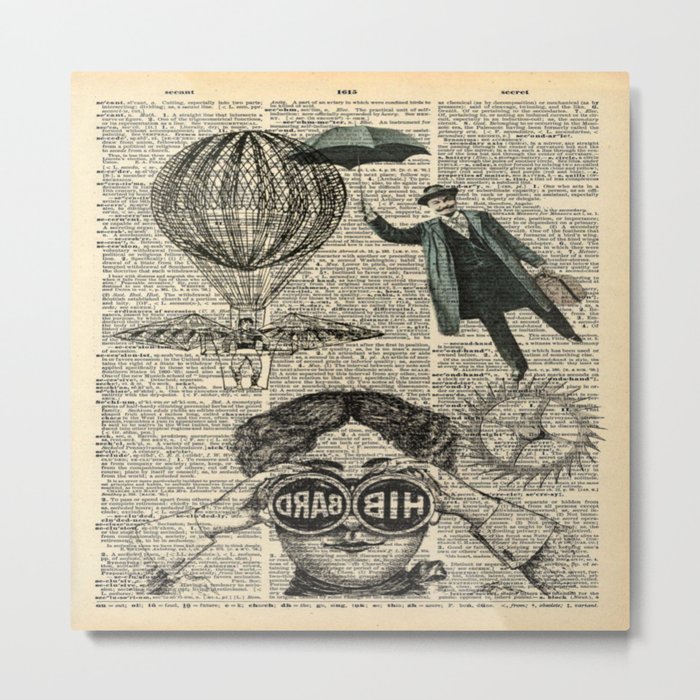 newspaper print dictionary page binoculars hot air balloon victorian steampunk Metal Print