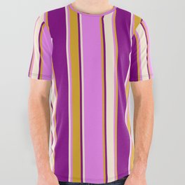 [ Thumbnail: Violet, Goldenrod, Purple & Beige Colored Lines Pattern All Over Graphic Tee ]