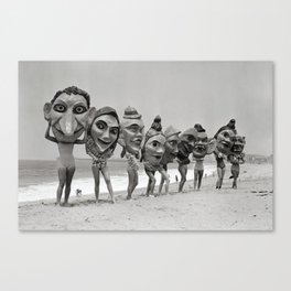 Women Wearing Bizzaro Macabre Carnival Masks at Venice Beach black and white photograph Canvas Print