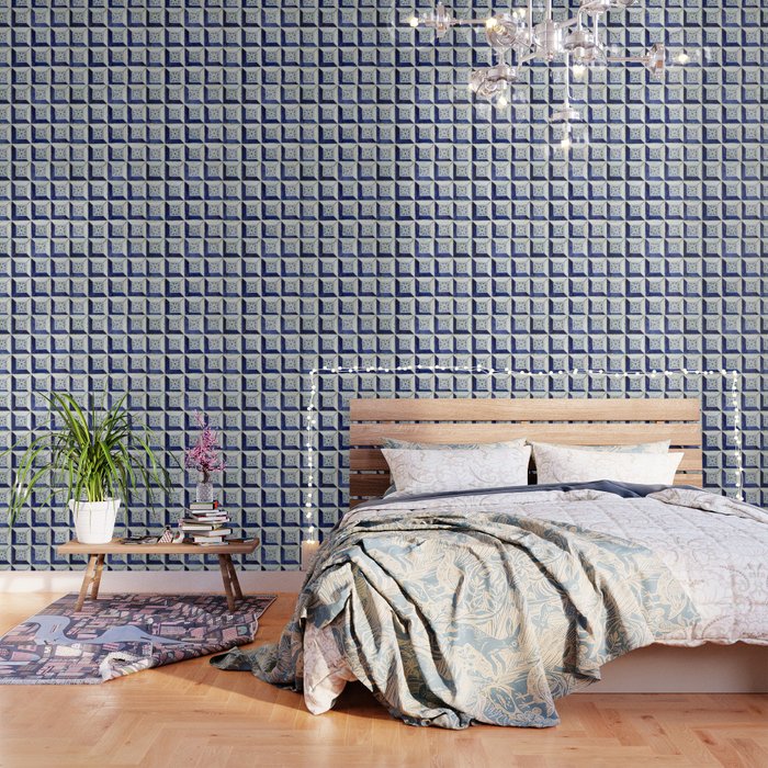 Vintage Blue 3d Tiles Pattern Wallpaper By Annalemos Society6