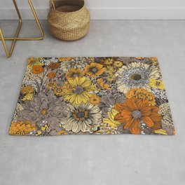 Seamless floral pattern 70s. Autumn flowers and butterflies. Gray and orange.  Area & Throw Rug