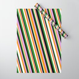 [ Thumbnail: Eye-catching Forest Green, Black, Plum, Dark Orange, and White Colored Striped Pattern Wrapping Paper ]