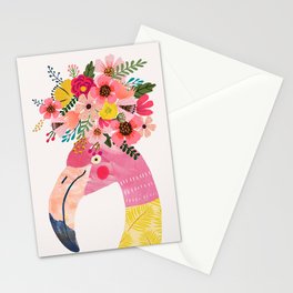 Pink flamingo with flowers on head Stationery Card