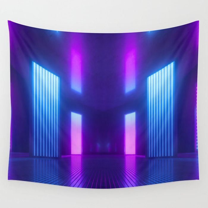 3d, blue pink violet neon abstract background, ultraviolet light, night club empty room interior, tunnel or corridor, glowing panels, fashion podium, performance stage decorations,  Wall Tapestry