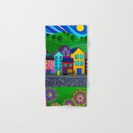 Dot Painting Colorful Village Houses, Hills, and Garden Hand & Bath Towel