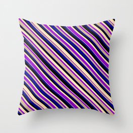 [ Thumbnail: Eyecatching Beige, Dark Violet, Tan, Dark Blue & Black Colored Stripes/Lines Pattern Throw Pillow ]