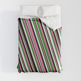 [ Thumbnail: Hot Pink, Forest Green, Mint Cream & Black Colored Stripes Pattern Duvet Cover ]