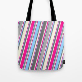 [ Thumbnail: Colorful Light Sky Blue, Dim Grey, Dark Grey, Beige, and Deep Pink Colored Pattern of Stripes Tote Bag ]