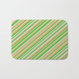 [ Thumbnail: Light Grey, Brown, and Lime Green Colored Stripes Pattern Bath Mat ]