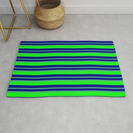 [ Thumbnail: Dark Blue, Sea Green & Lime Colored Lined/Striped Pattern Rug ]