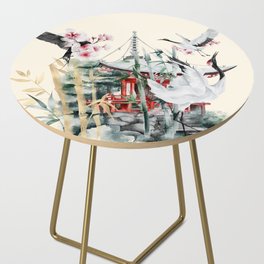 Japanese Crane Watercolor Art Side Table