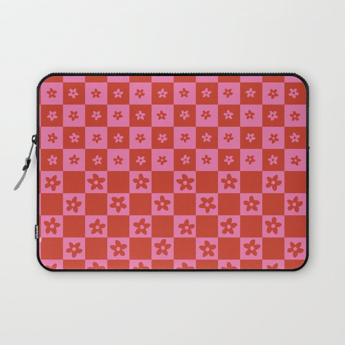 Abstract Floral Checker Pattern 15 in Pink Red Laptop Sleeve