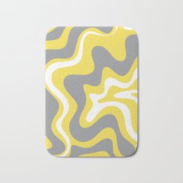 Retro Liquid Swirl Abstract Pattern in Light Grey, White, and Lemon Yellow Bath Mat