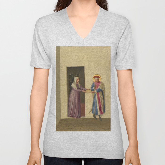 Fra Angelico (Guido di Pietro) "The Healing of Palladia by Saint Cosmas and Saint Damian" V Neck T Shirt