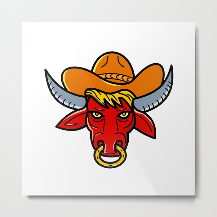 Bull Cowboy Hat Mono Line Art Metal Print