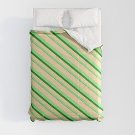 [ Thumbnail: Tan, Light Green, and Green Colored Lined/Striped Pattern Comforter ]