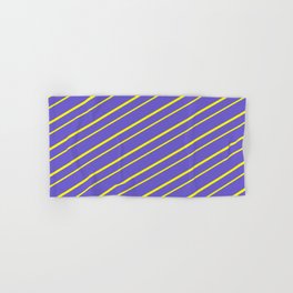 [ Thumbnail: Slate Blue and Yellow Colored Striped Pattern Hand & Bath Towel ]