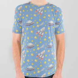 Blue Starry Sky with Rocket and Alien UFO Spacecraft All Over Graphic Tee