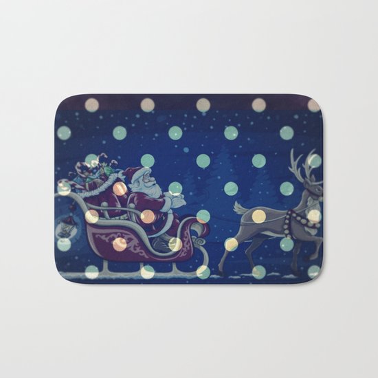 Santa Claus riding his sleigh on a snowy blue Christmas Eve Bath Mat