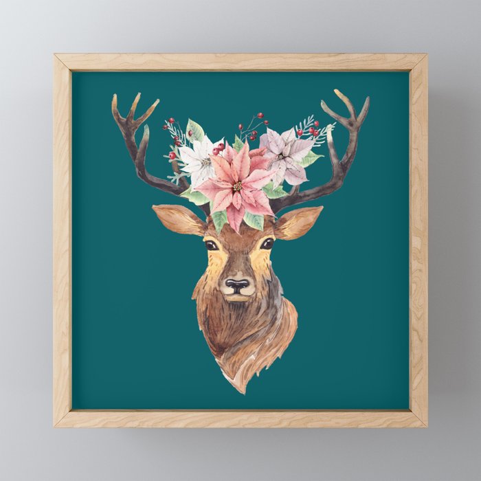 Winter Deer Teal Framed Mini Art Print