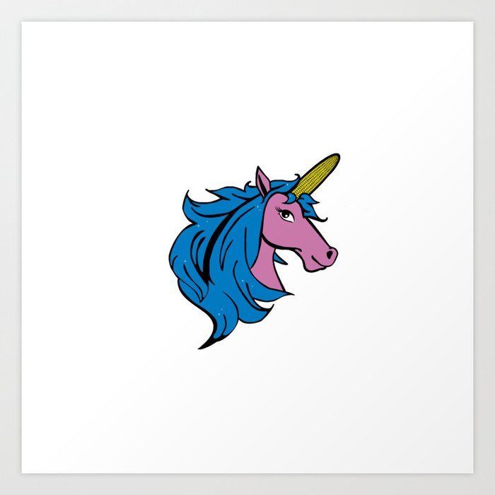 Cartoon Unicorn On The Cob Blue Cornstalk Pun Art Print By Rachybattlebot Society6 Unicorns highlight broadly in children cartoons, literature and shows. society6